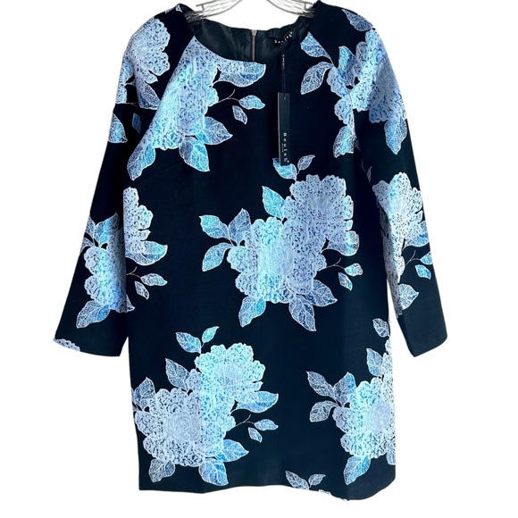 Beulah Black and Silver Iridescent Blue Glitter Floral Print NWT Dress Size Med - Picture 4 of 9